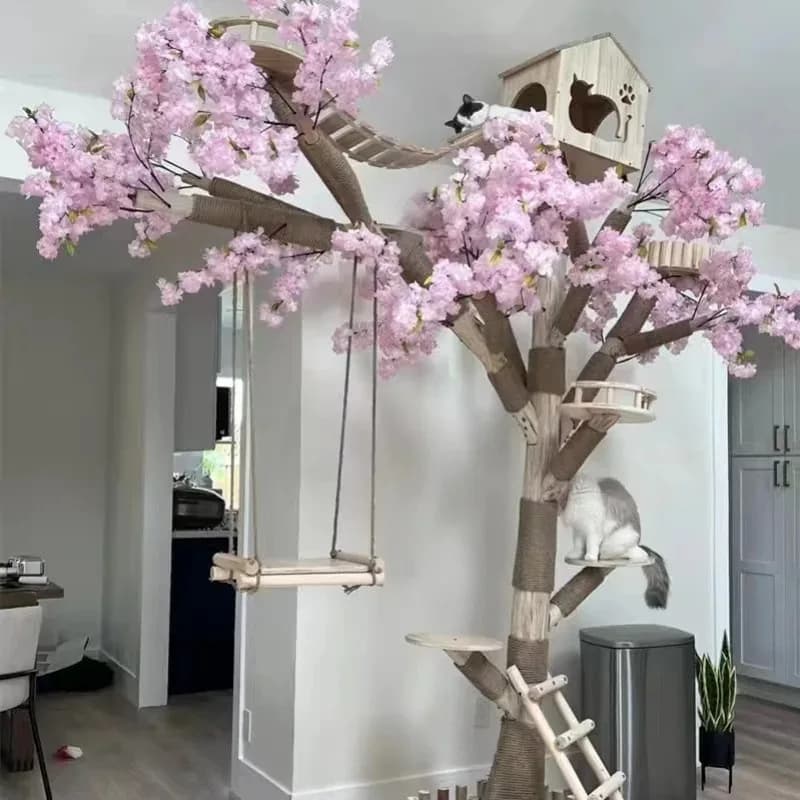 Albero per gatti in legno multilivello di lusso con altalena Ciotola trasparente Grande torre da arrampicata per gatti per riposo e graffiare