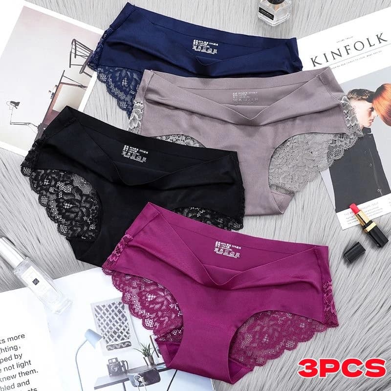 3pcs Lace Women's Panties French Seamless Underwear Female Ice Silk Briefs Solid Color Breathable Underpants Lingerie