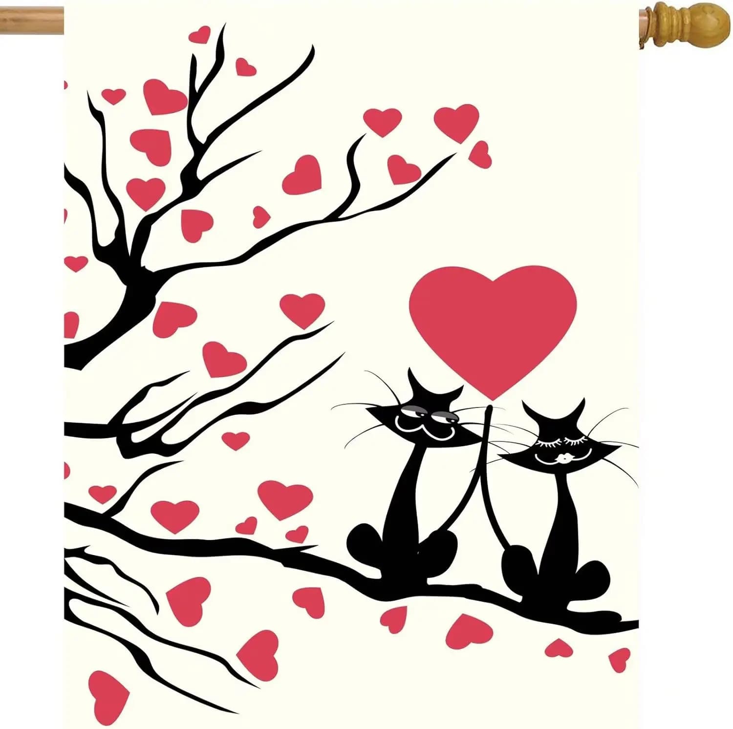 Bandiera Decorativa per San Valentino con Due Gatti Innamorati su Ramo d'Albero a Cuore, 28x40 Pollici, Doppio Lato in Poliestere, Grande UUL
