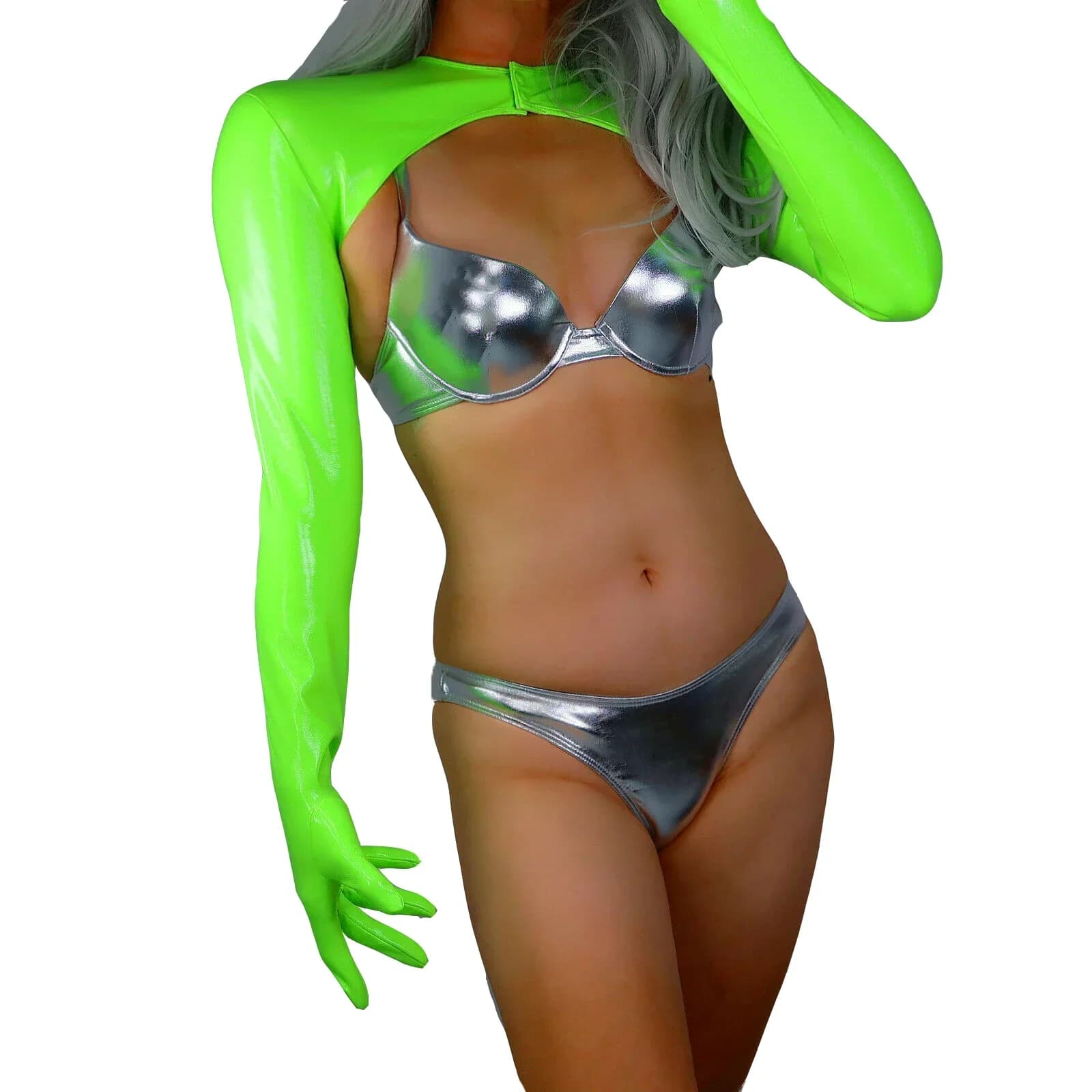 DooWay Guanto Bolero da Donna in Lattice Verde Fluorescente, Top a Manica Corta in Finta Pelle Verniciata Lucida, per Cosplay e Serate