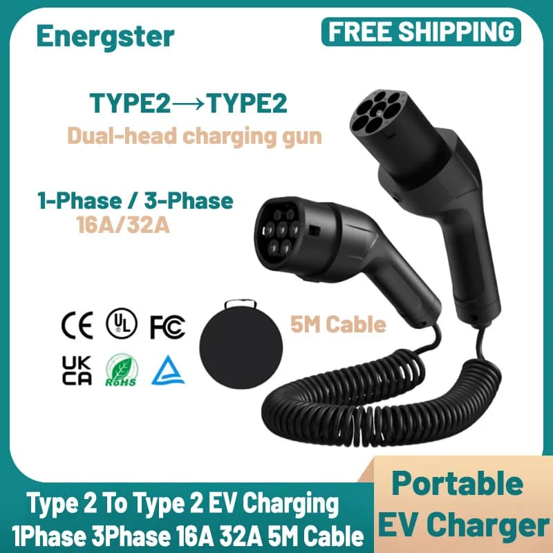 Cavo di ricarica EV portatile da Tipo 2 a Tipo 2, monofase/trifase 16A/32A, 5M a spirale, Modo 3, per auto elettriche, certificato CE TUV