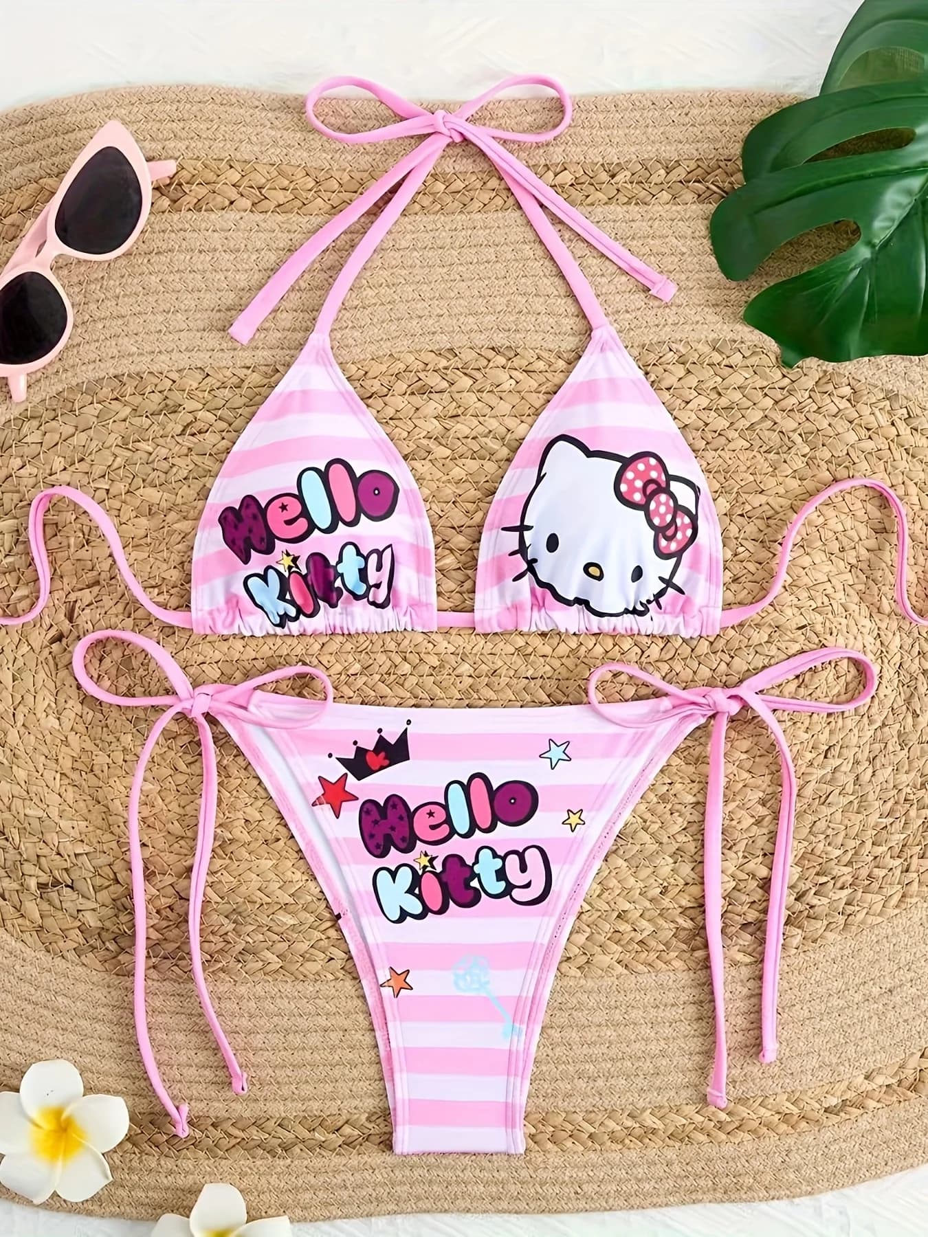 Set bikini con stampa Hello Kitty da 2 pezzi/set, costume da bagno a triangolo con scollo all'americana a righe rosa da donna, costume da bagno a due pezzi con laccetti laterali, abbigliamento da spiaggia