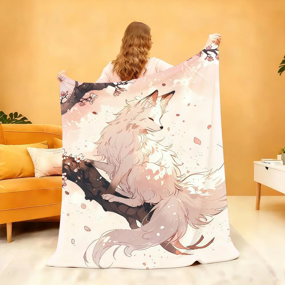 J-Japanese Kitsune Fox Blanket Soft Throw Blanket for Home Bedroom Bed Sofa Picnic Travel Office Rest Cover Blanket Gift