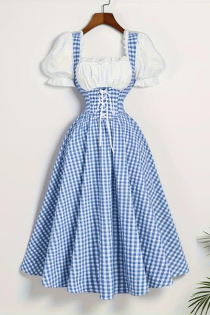 Ladies' Fashion Blue and White Grid Splicing Strap Waist Dress