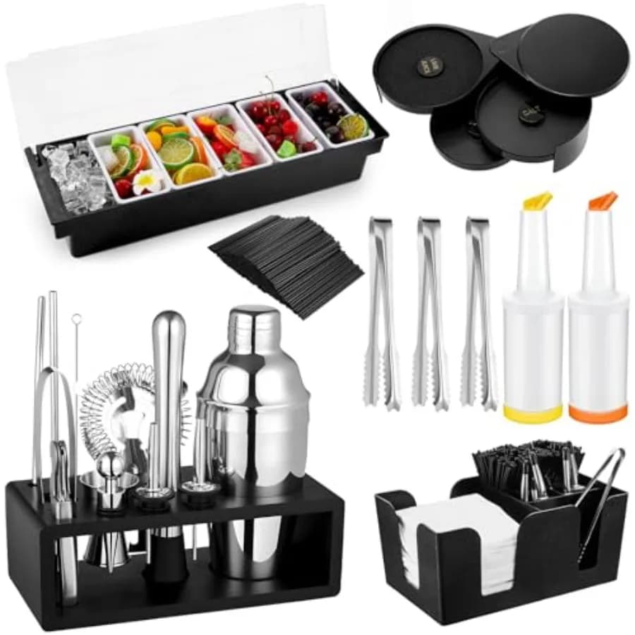 Kit da 23 Pezzi per Barman con Vassoio per Guarnizioni, Portabottiglie a 3 Livelli, Set Shaker per Cocktail da 13 Pezzi e Accessori da Bar