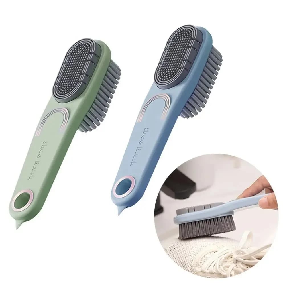 Spazzola per pulizia multifunzionale su due lati Testa in silicone a setole morbide Manico lungo Scarpe Vestiti Strumenti per lavaggio domestico