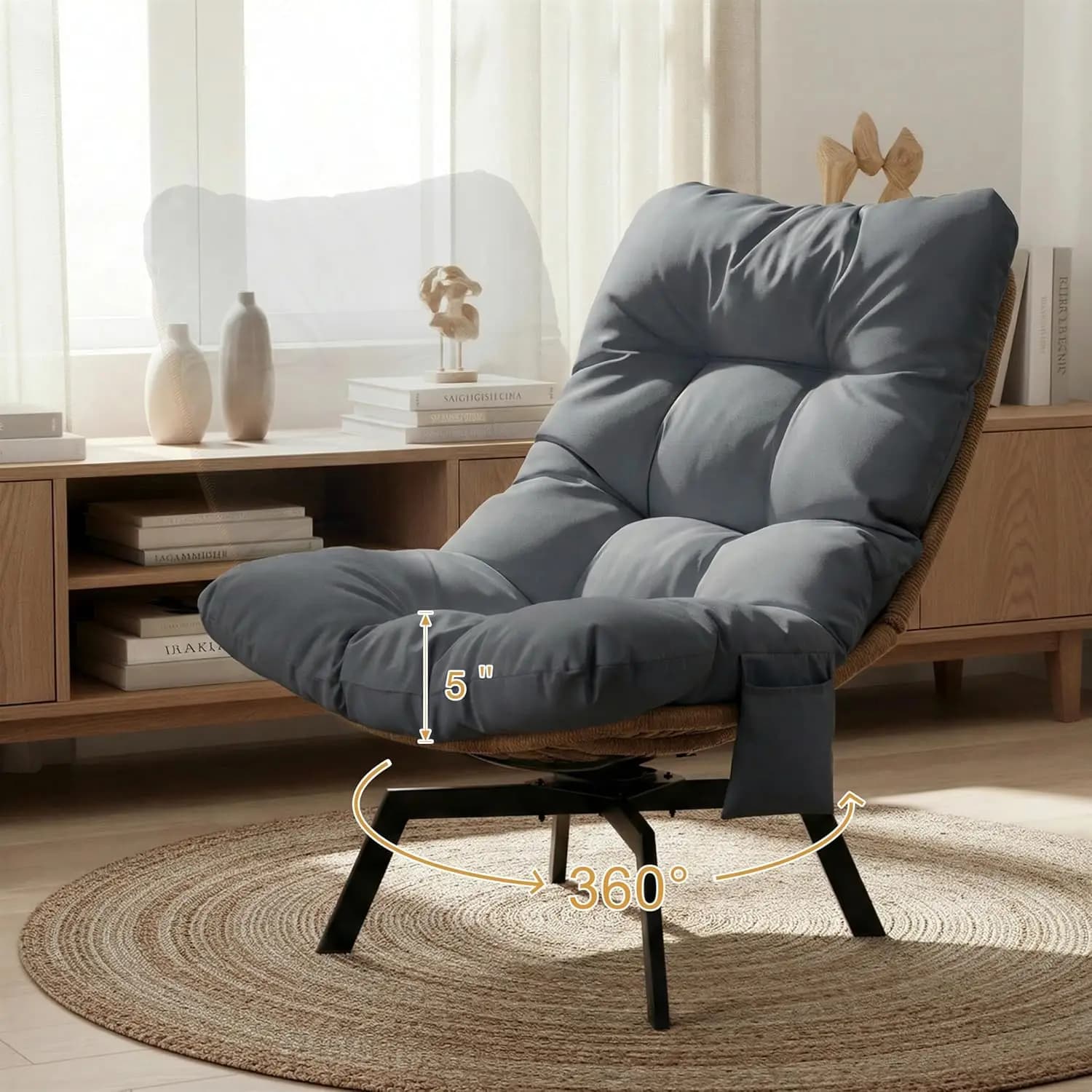 Accent Chair Modern Wicker Swivel Living Room Chairs with Oversized Seat & Cushion, Papasan Chair Metal Frame,Customized