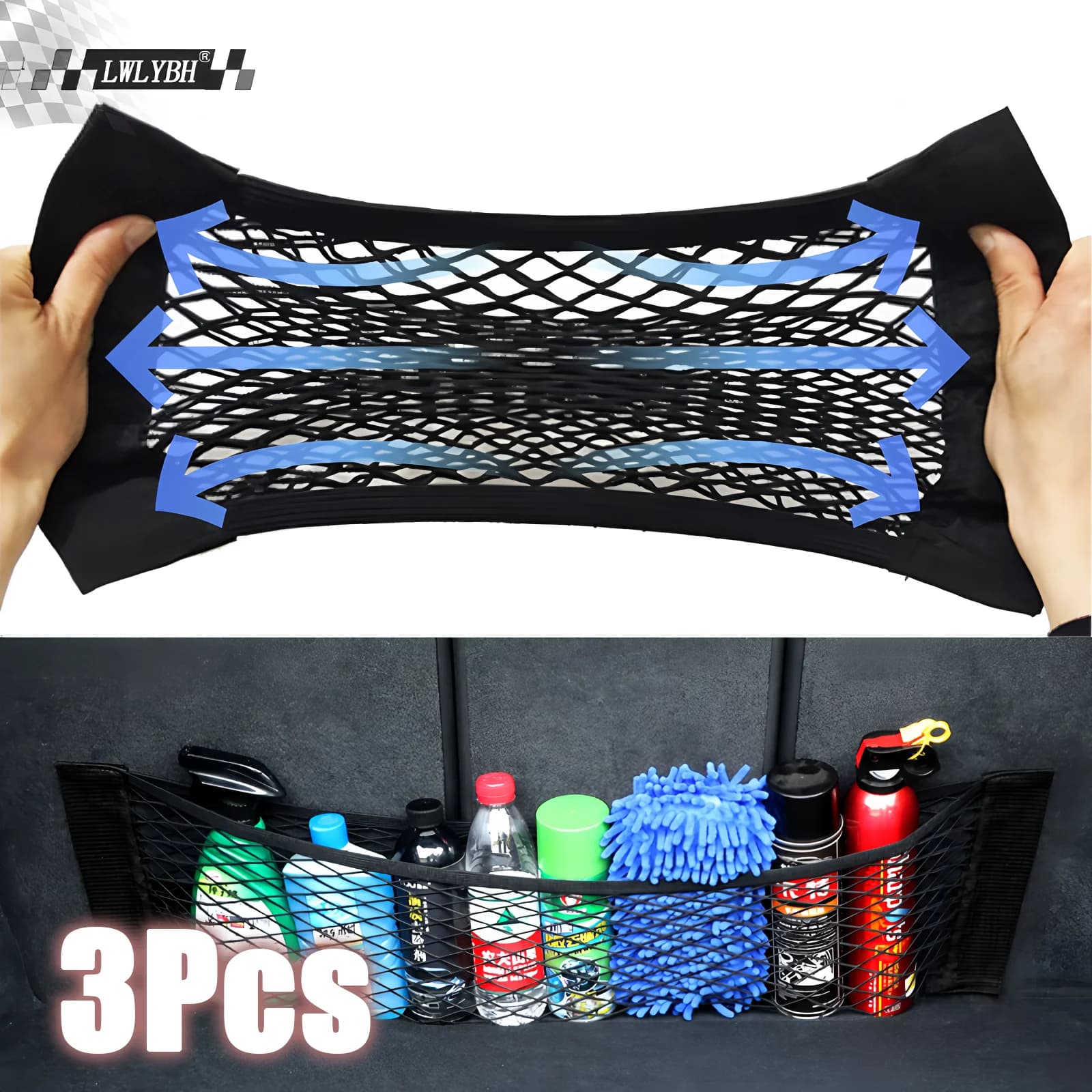 Rete portaoggetti per auto Borsa a doppia rete per bagagliaio dell'auto Tasca fissa per schienale del sedile automatico Cinghie elastiche in velcro per auto universali Organizzatore di rete