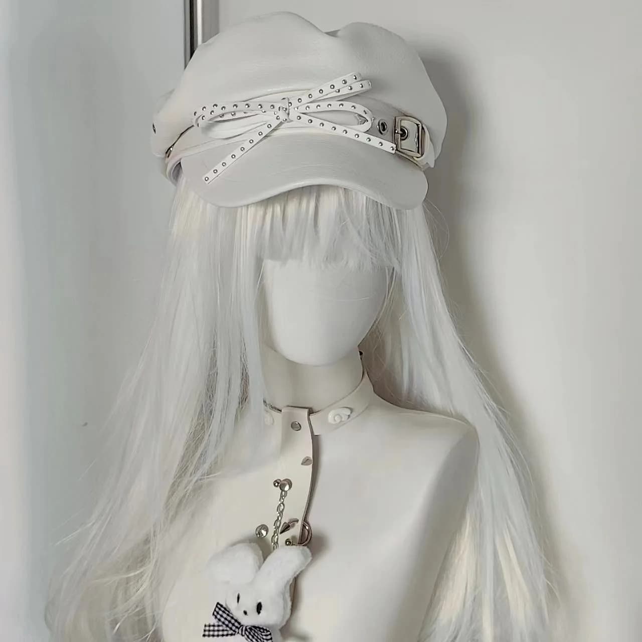 Berretto invernale da donna Y2K Cappello giapponese Bianco Pu Bow Berretti da donna Punk Gotico Cappelli berretto per ragazze Cappelli berretto moda donna