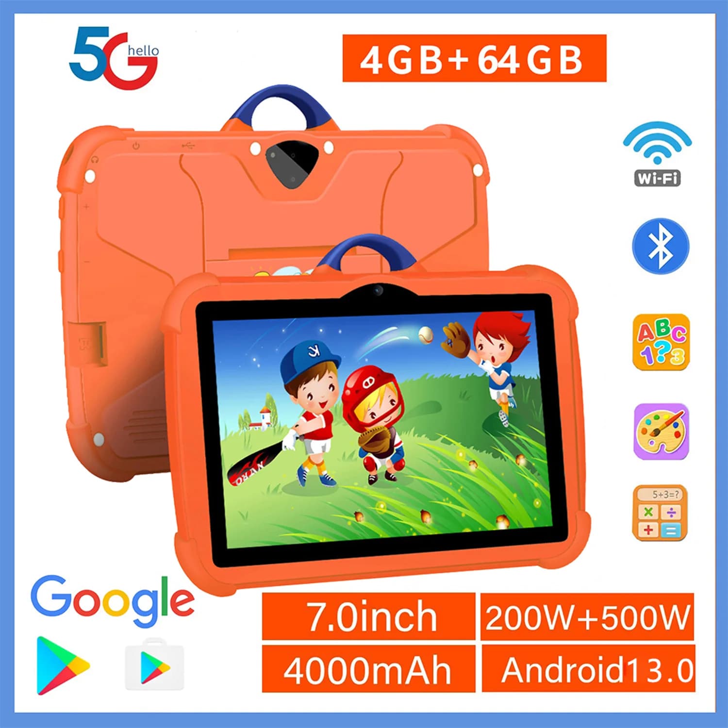 New 5G WiFi 7 inch Google Tablet for Kids Learning Tablet Education for Kids Android 13 Quad Core 4GB + 64GB Double Camera 4000mAh