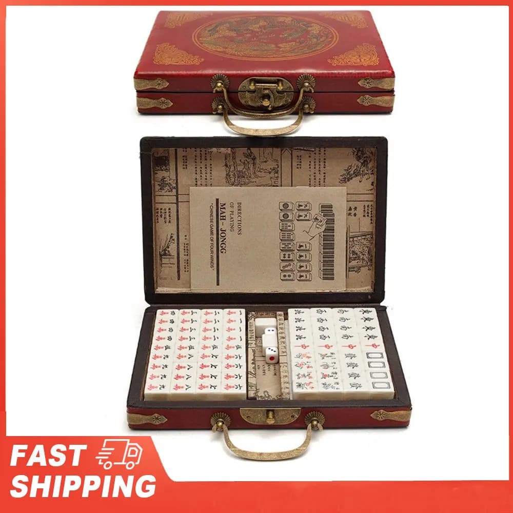 Set Mahjong cinese numerato Set Mah-Jong da 144 piastrelle Giocattolo cinese portatile con scatola Tavola in fibra Gioco da tavolo Mahjong per un divertimento in campeggio