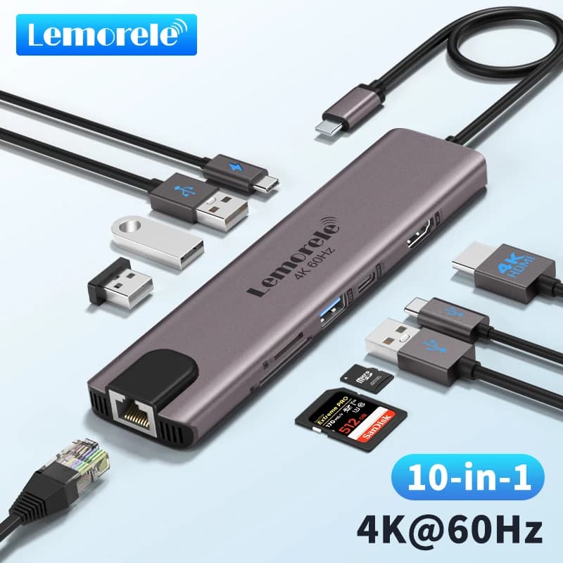Lemorele Docking station USB tipo C 10 in 1 Adattatore USB 4K a 60 Hz HDMI 100 W PD RJ45 1000 Mbps Ethernet Slot SD/TF per Mac Laptop Mo