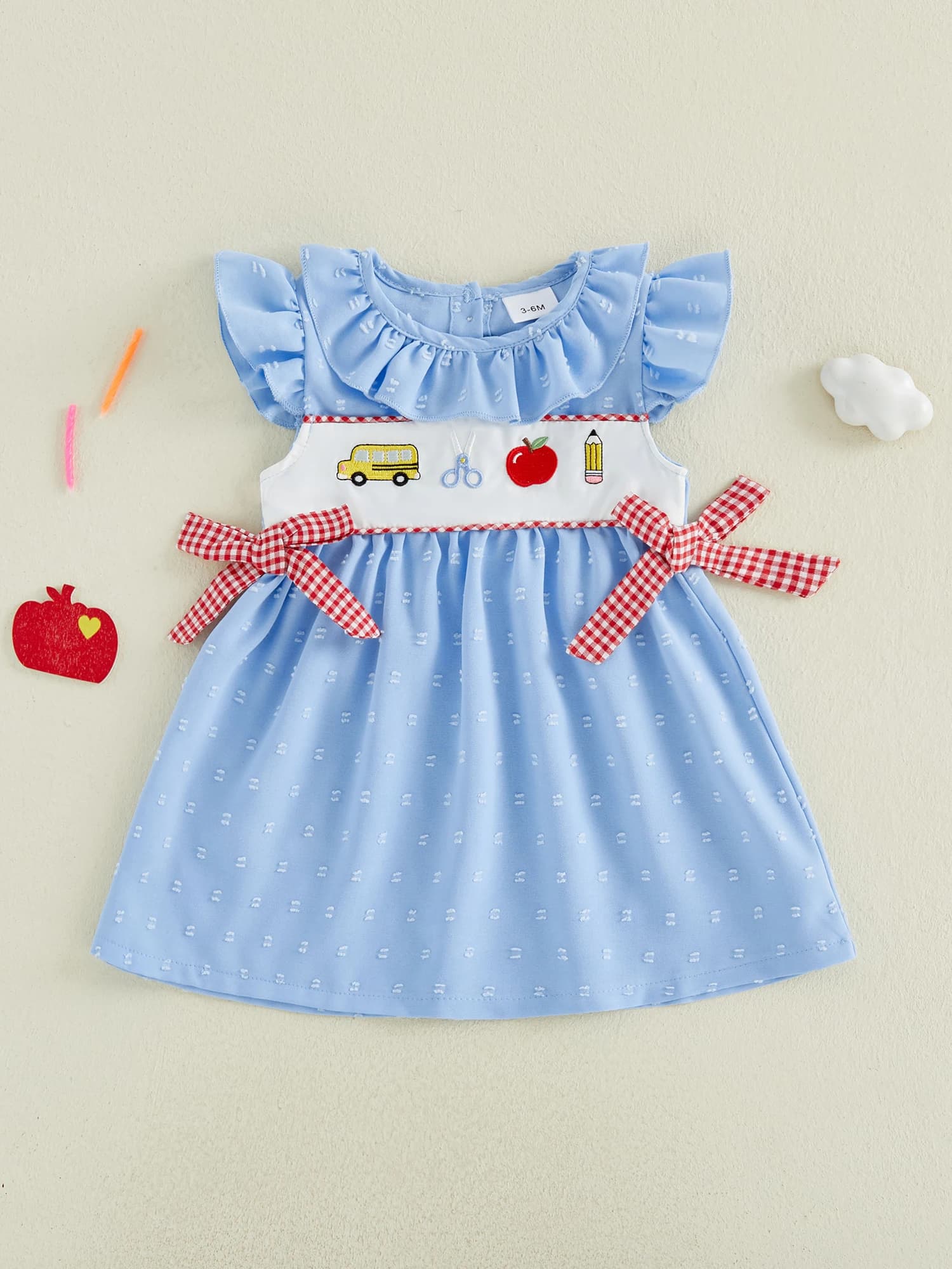 Girls Plaid Bow Embroidered Ripped Flutter Sleeve Crewneck A-line Dress for Back to School with a Touch of Summer Style
