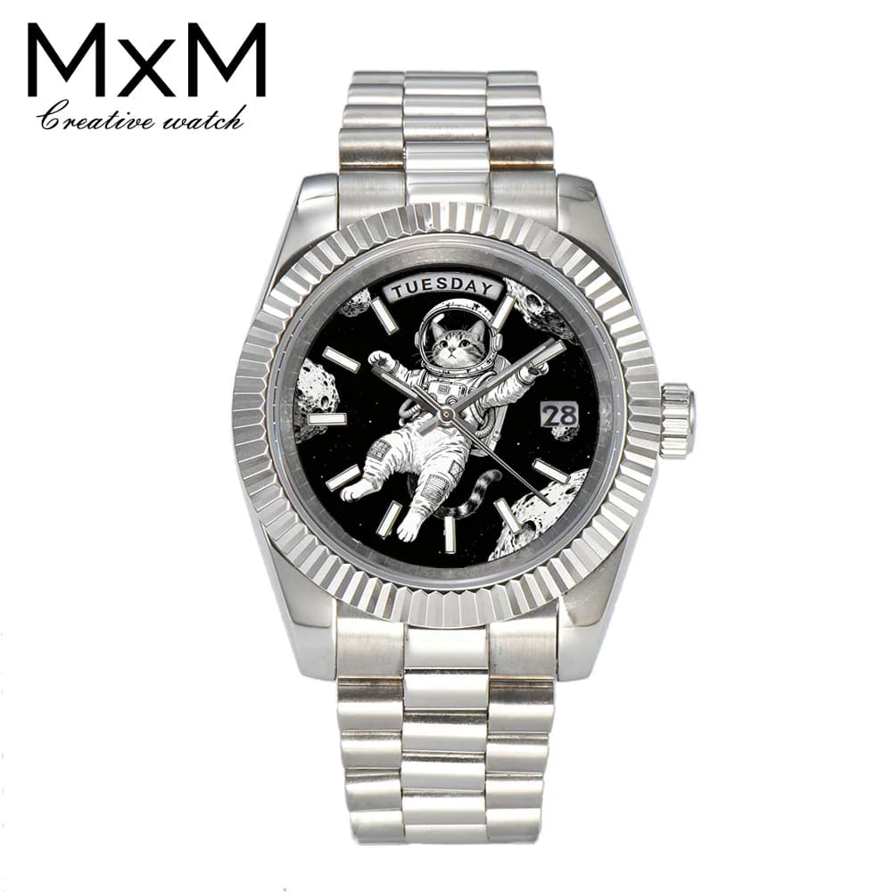 Men's Watch Creative 40mm/36mm Miyota 8285 Watch Mechanical Automatic Bright Blue Color Printed Kitty Puppy Astronaut