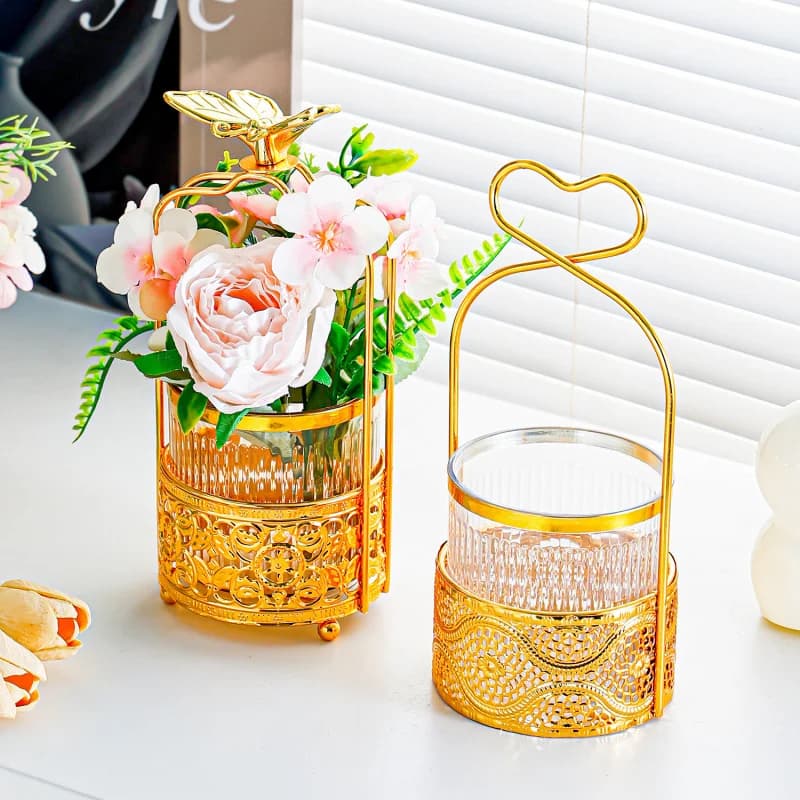 Wrought iron hydroponic hanging vase for living room and dining table, light luxury style flower arrangement, small potted plant