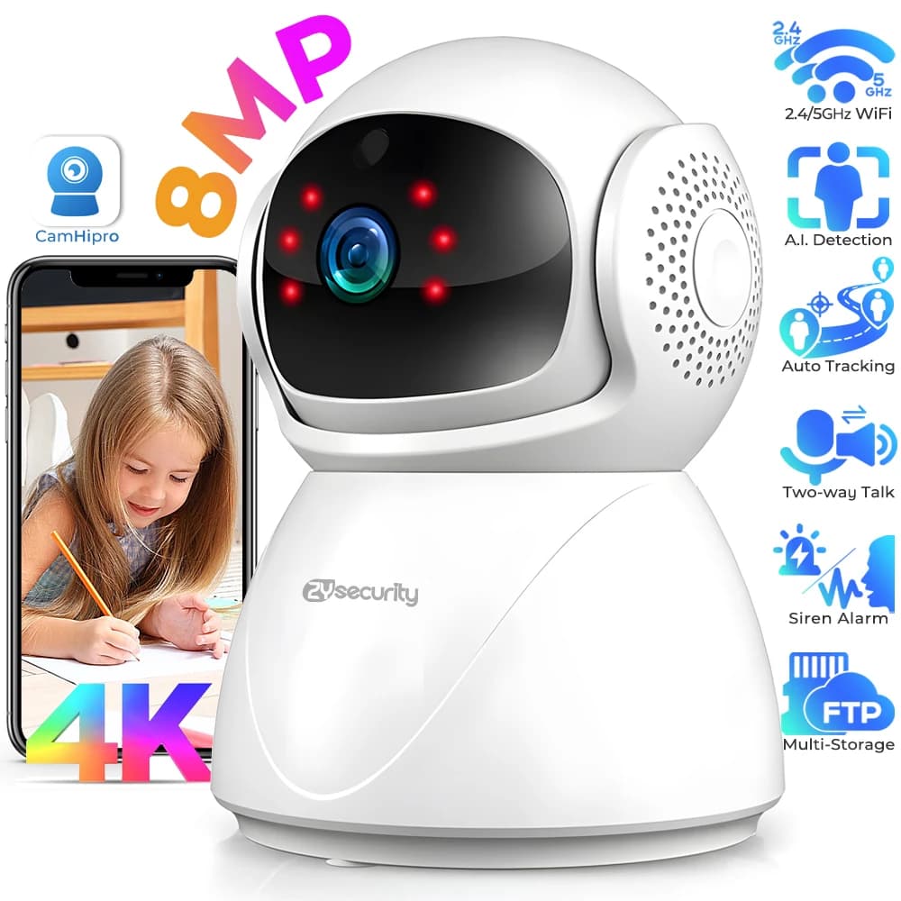 Telecamera di sicurezza Pan/Tilt da interno 4K 8MP, ideale per baby monitor/telecamera per animali domestici, rilevamento AI di persone/animali domestici, monitoraggio automatico, audio bidirezionale, telecamera WiFi
