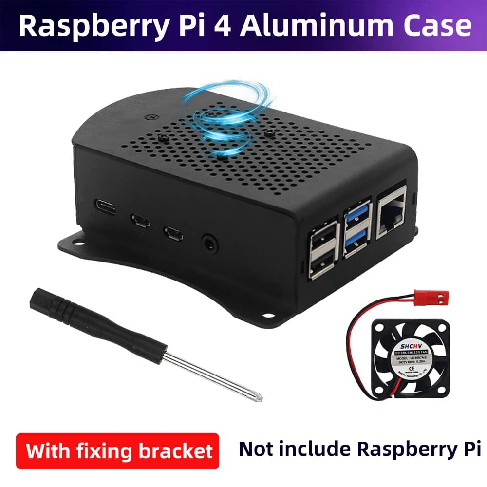 Raspberry Pi 4 Aluminum alloy housing Metal box with hanging bracket Cooling fan support Screwdriver for Raspberry Pi 4 Model B