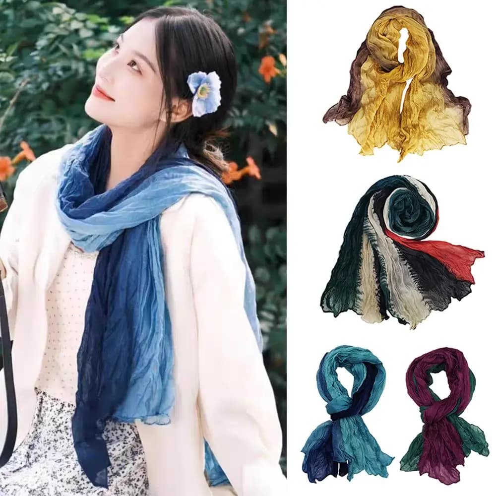 Sciarpa Hijab a colori sfumati antirughe Sciarpa twist Scialle sottile e traspirante Foulard tie-dye antivento Sciarpe pieghettate in canapa di cotone