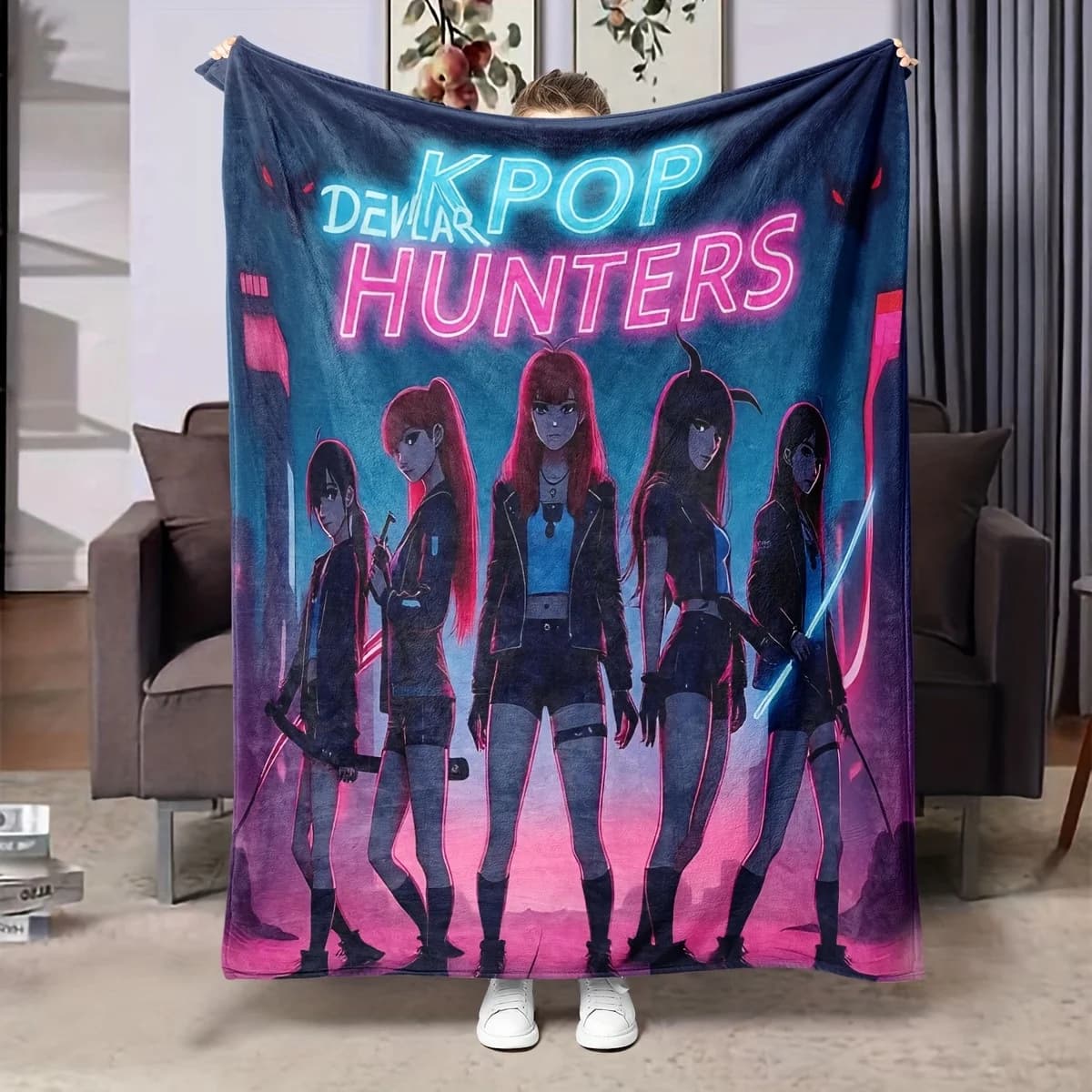 Devil Blanket - Neon Anime Girl Group Design for K-pop Fans, Concert Nights & Cozy Fandom Naps