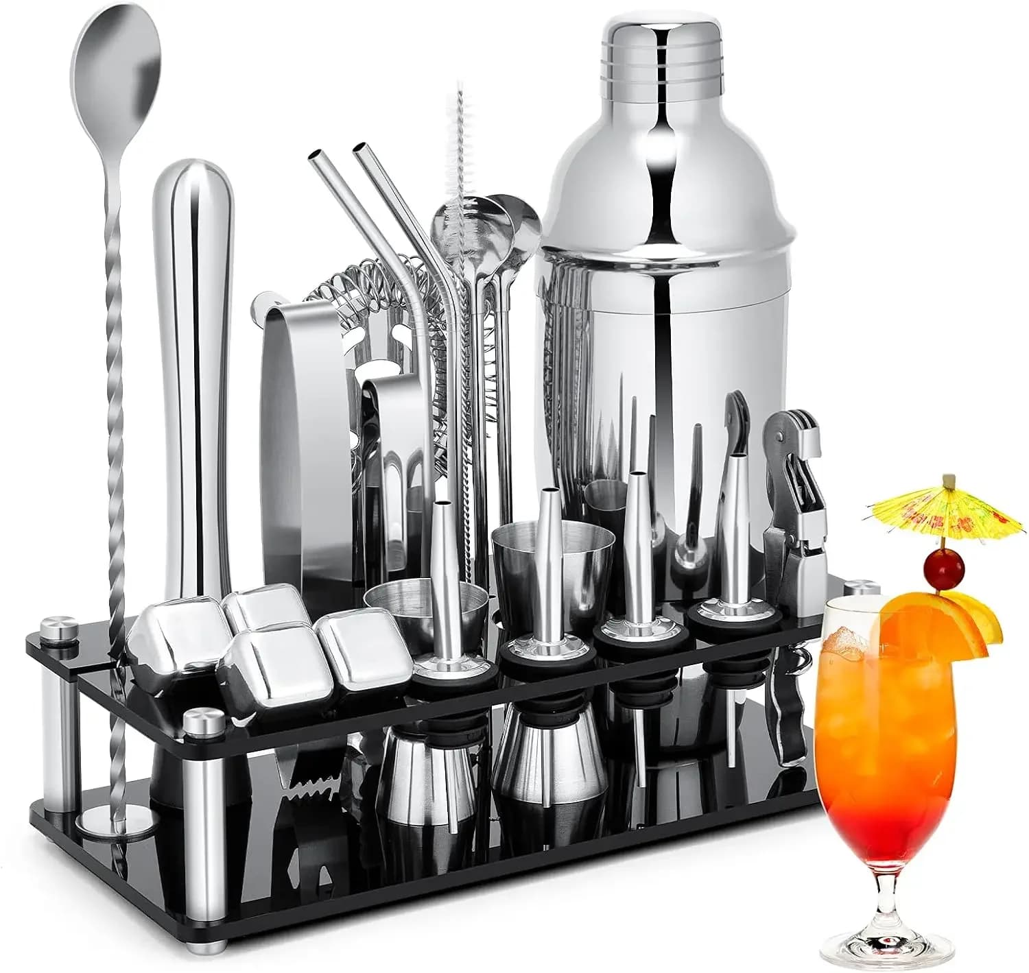 23-Piece Stainless Steel Cocktail Shaker Set with Acrylic Stand, Bartender Kit for Home & Party, Includes Recipe Booklet & 4 Whiskey Stones