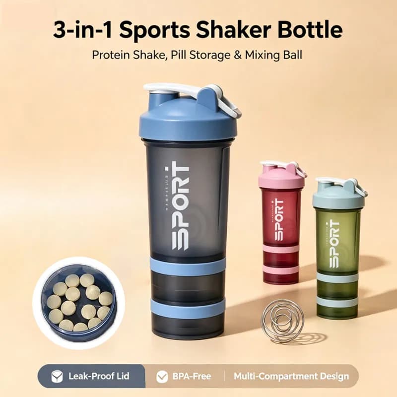 1-4PCS 20oz 3 Layer Shaker Bottle Solid Color Letter Print Simple Design with Handle for Protein Mixing Sports Gym Workout