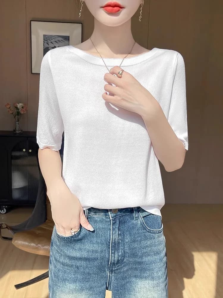 Spring 2026 Fashionable Chic Shoulder Bared Thin Casual mid Sleeve Women's T Shirt Unique Base Layer Top Simple Straight Cut ...