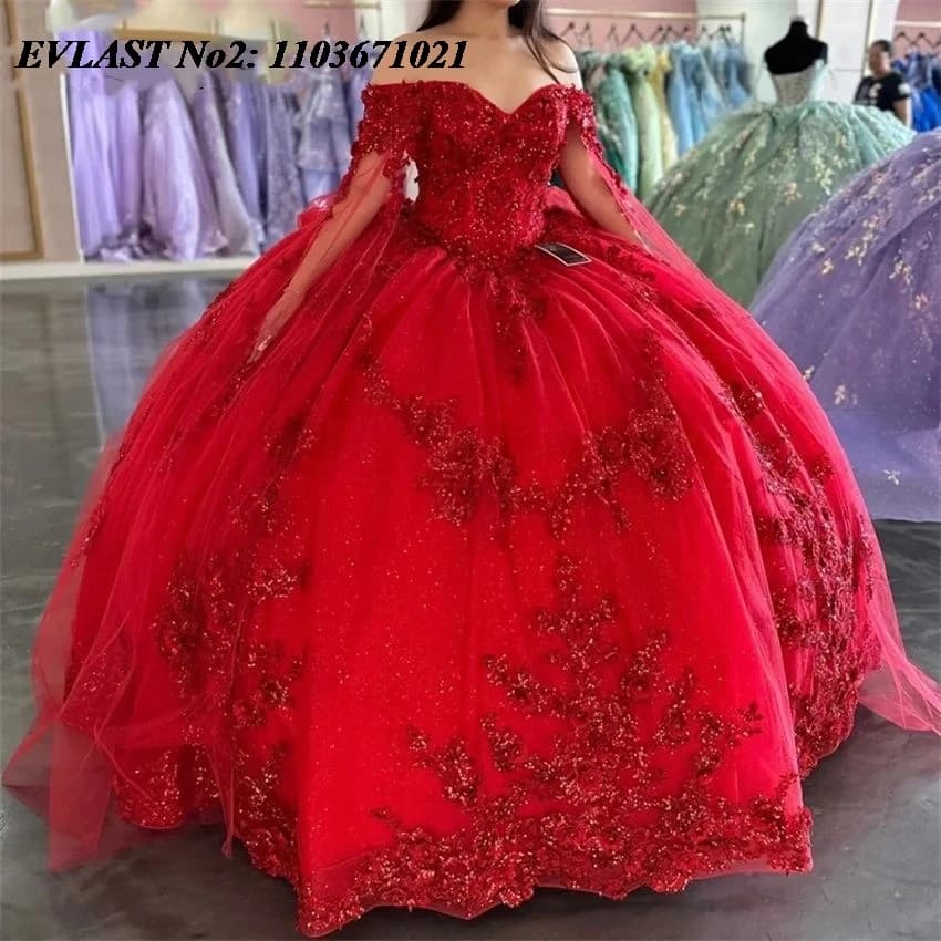 EVLAST Personalizzato Glitter Rosso Abito Quinceanera 3D Floreale Del Merletto Applique Che Borda Increspature Del Partito Dolce 16 Abiti 15 Anos E2QA103