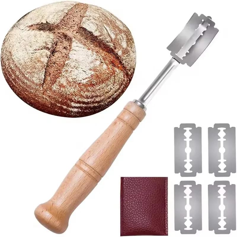 1PC-Coltello per pane con manico in legno curvo, coltello creativo in acciaio inossidabile per modellare il pane, coltello per dividere l'impasto