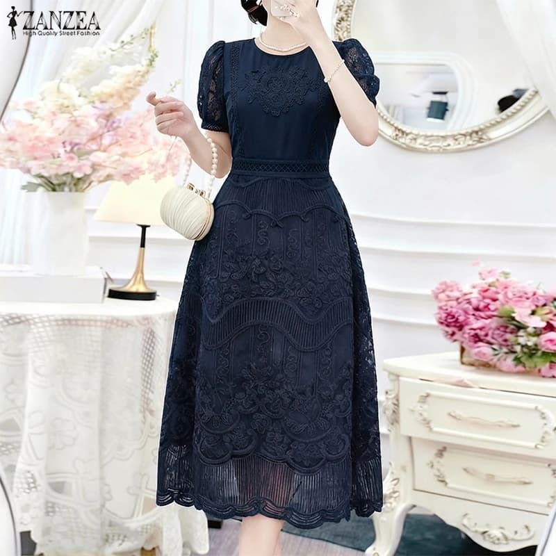 ZANZEA Elegante Abito Midi da Festa in Pizzo da Donna, Vestito Casual a Maniche Corte a Sbuffo, Tinta Unita, Collo a O, Moda 2026, Streetwear