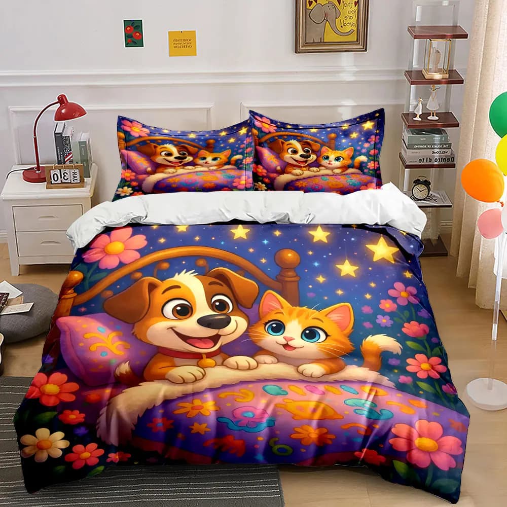 Set di biancheria da letto con stampa cane e gatto per una notte accogliente, 1 copripiumino, 2 federe per adulti e bambini, regalo di lusso, misura completa