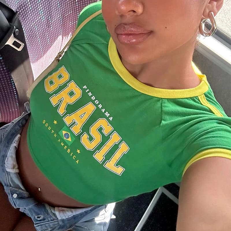 2024 Retro Street Estetica T-shirt per bambini Donna Verde Brasile Lettere Stampa Crop Top Casual Slim Manica corta Y2k Vestiti E-girls