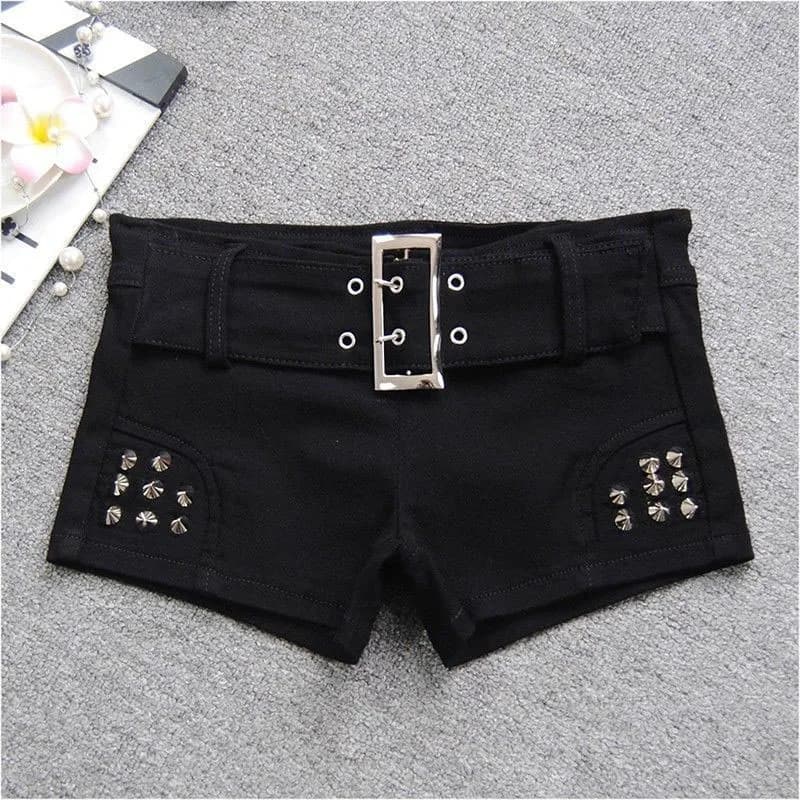 Pantaloncini di jeans a vita bassa neri sexy Hot Girl Donna American Retro Elastico Slim Jeans ultracorta Pantaloncini di jeans con rivetti gotici Y2K