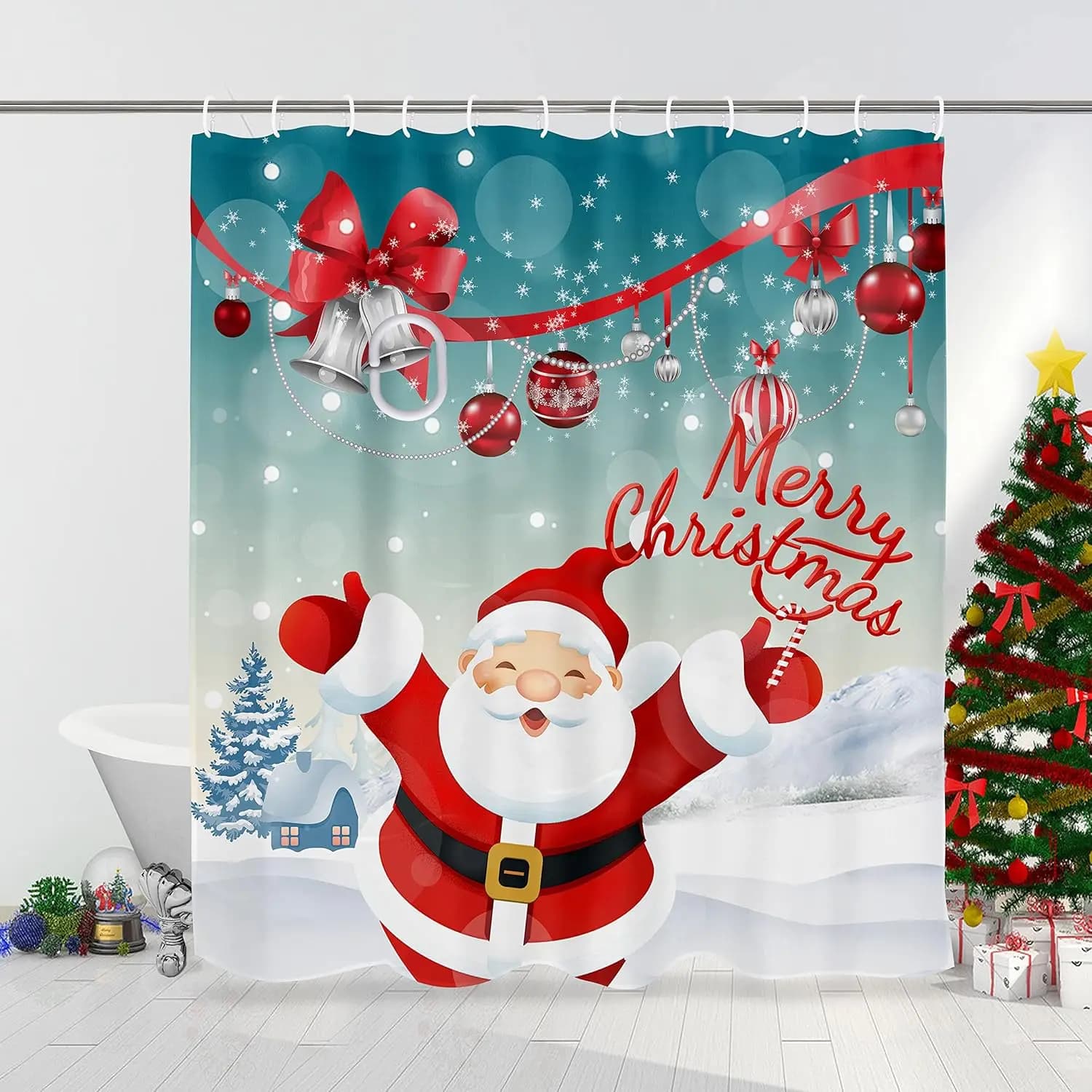 OWENIE Merry Christmas Tende da doccia per bagno, Fiocco di neve invernale Divertente Babbo Natale Tenda da doccia in tessuto per Natale Holi