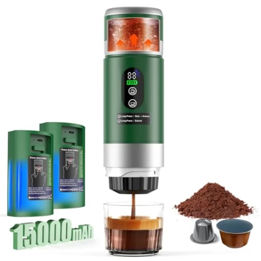 Portable espresso machine for travel, stainless steel black, 20 bar pressure with removable battery and USB-C self-heating, 3-i