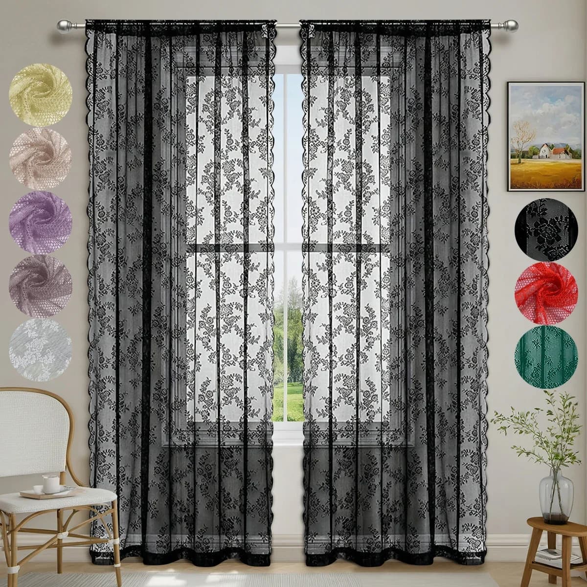 1pc Romantic Lace Sheer Curtain, Rod Pocket Flower Lace Window Curtains for Living Room Bedroom Home Decor, Window Screening