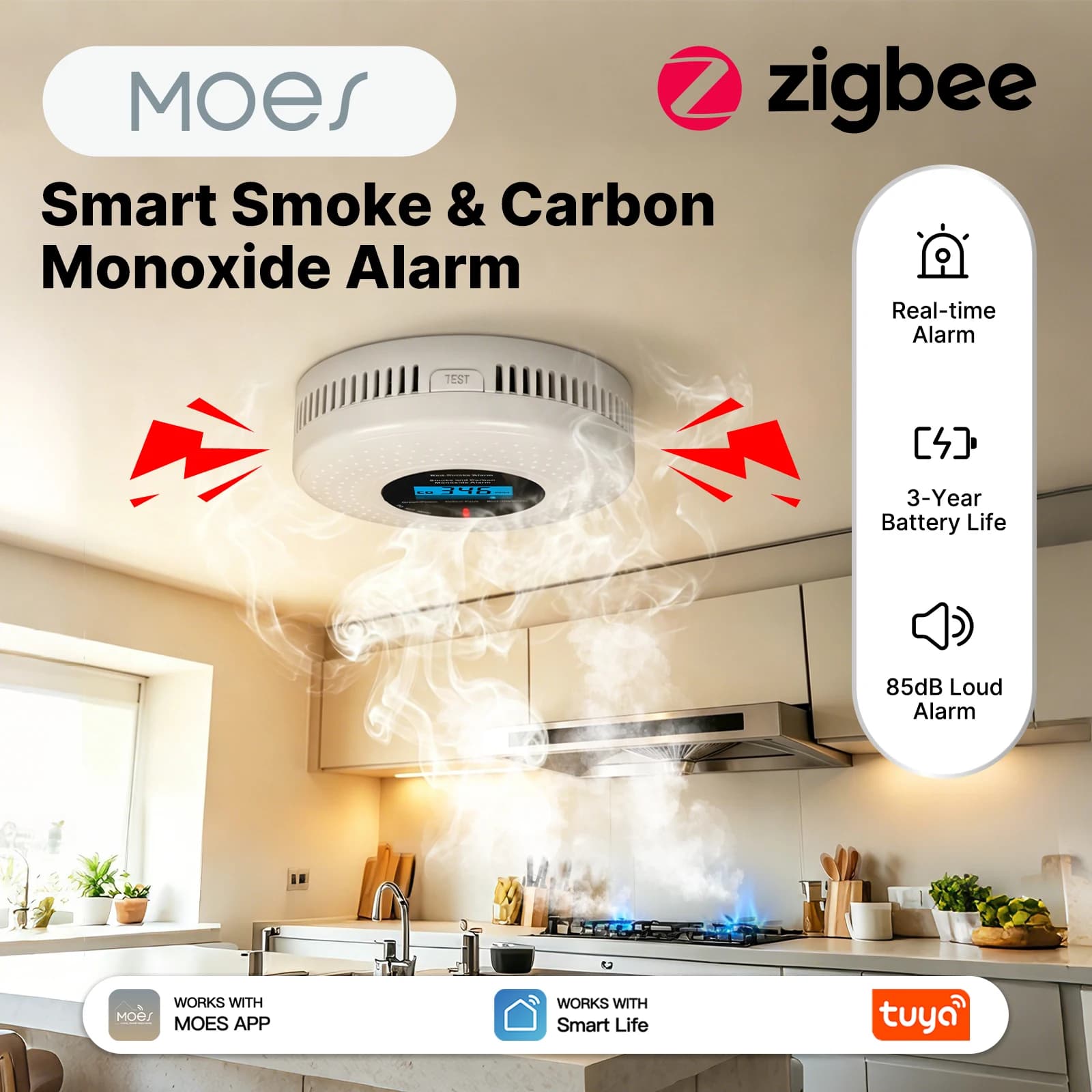 MOES Tuya Zigbee Rilevatore Intelligente di Fumo e Monossido di Carbonio, Allarme Sonoro 85dB, Sensore CO, Rilevatore di Fughe di Gas, Sicurezza Domestica con Monitoraggio Remoto tramite APP
