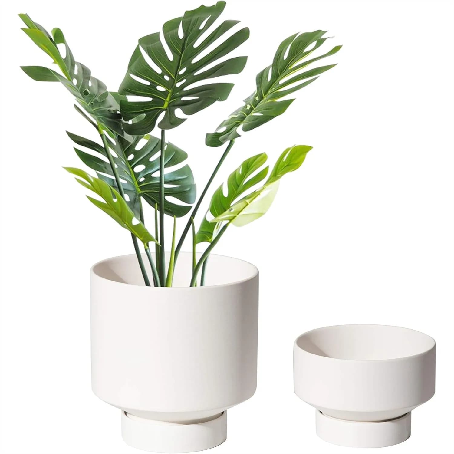 Vaso in Ceramica per Piante da Interno con Foro di Drenaggio e Sottovaso, 5.43 e 4.61 Pollici, Bianco, Confezione da 2