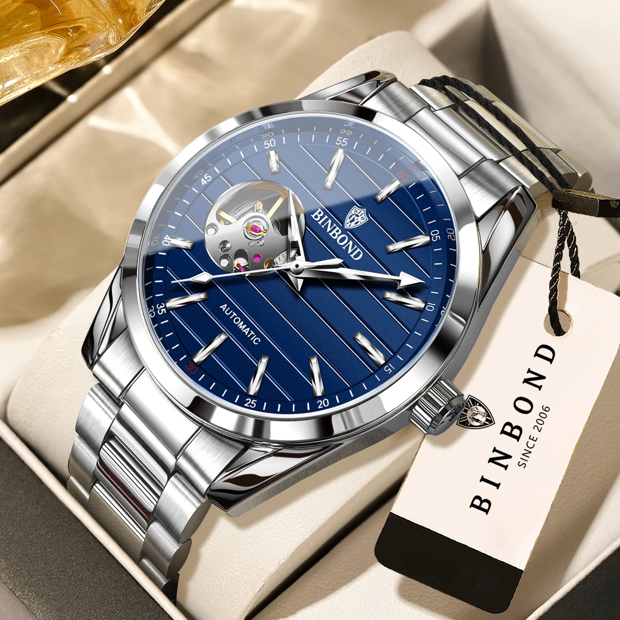 Orologi da polso meccanici di lusso BINBOND per uomo, luminosi, impermeabili, automatici, con tourbillon, orologio da uomo vintage a scheletro.