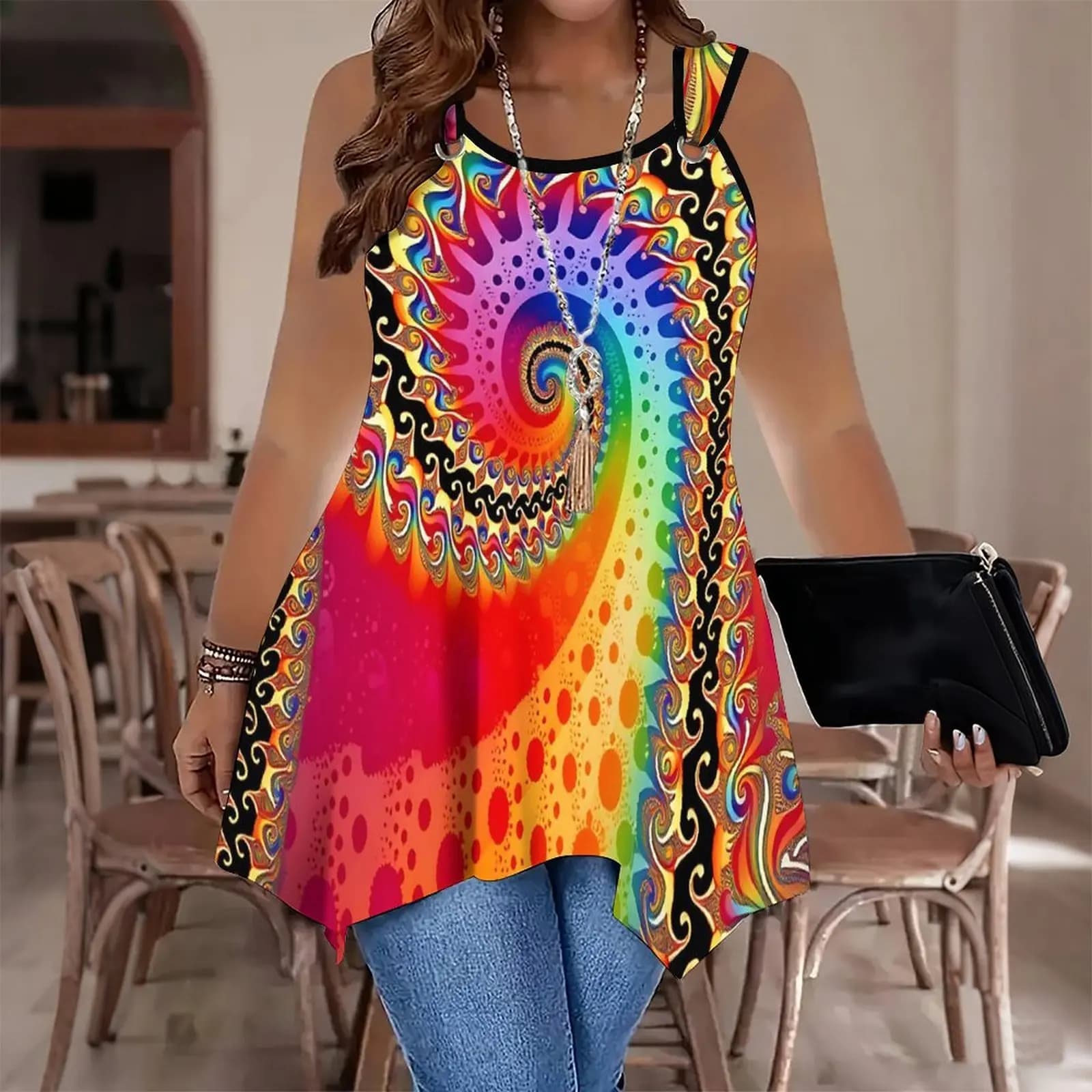 Ladies' Slim Printed Sleeveless T-shirt Retro Round Neckbeach Vacation Fashionable Tops