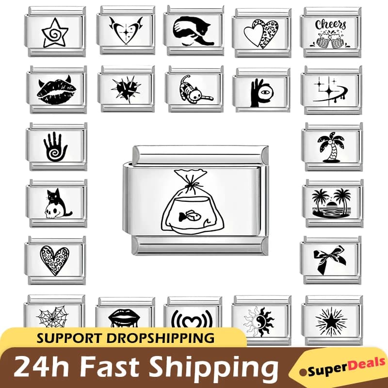 Wholesale Funny Y2K Cat Coconut Tree Star Lip Tai Chi Italian Laser Engraving Charm Fit 9mm Stainless Steel Bracelet DIY Making