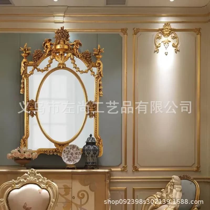 Carved Mirror Retro Wall Mounted Decorative Mirror for Entrance Fireplace Bathroom Nordic Style Home Decoration