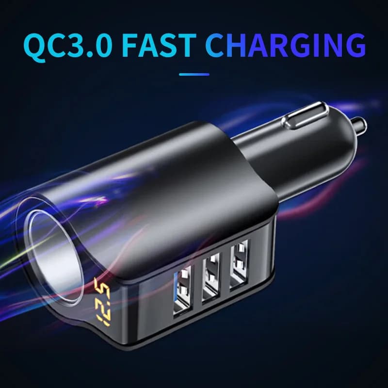 Fast Charge Car Charger Vehicle Cigarette Lighter Socket Expansion 3 USB Ports LED Display Universal Car Phone Power Adapter