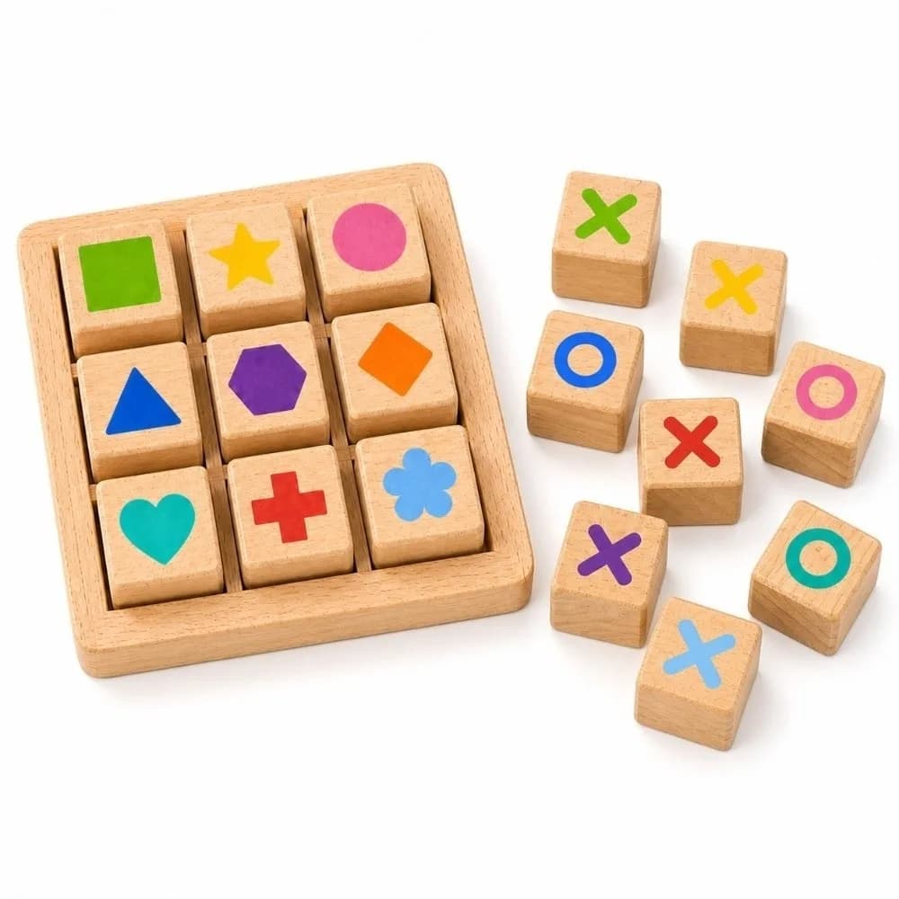 Portable Wooden Tic Tac Toe Wooden Handcrafted Finish Traditional XO Chess Set Training Interactive Design Parent Unisex Game