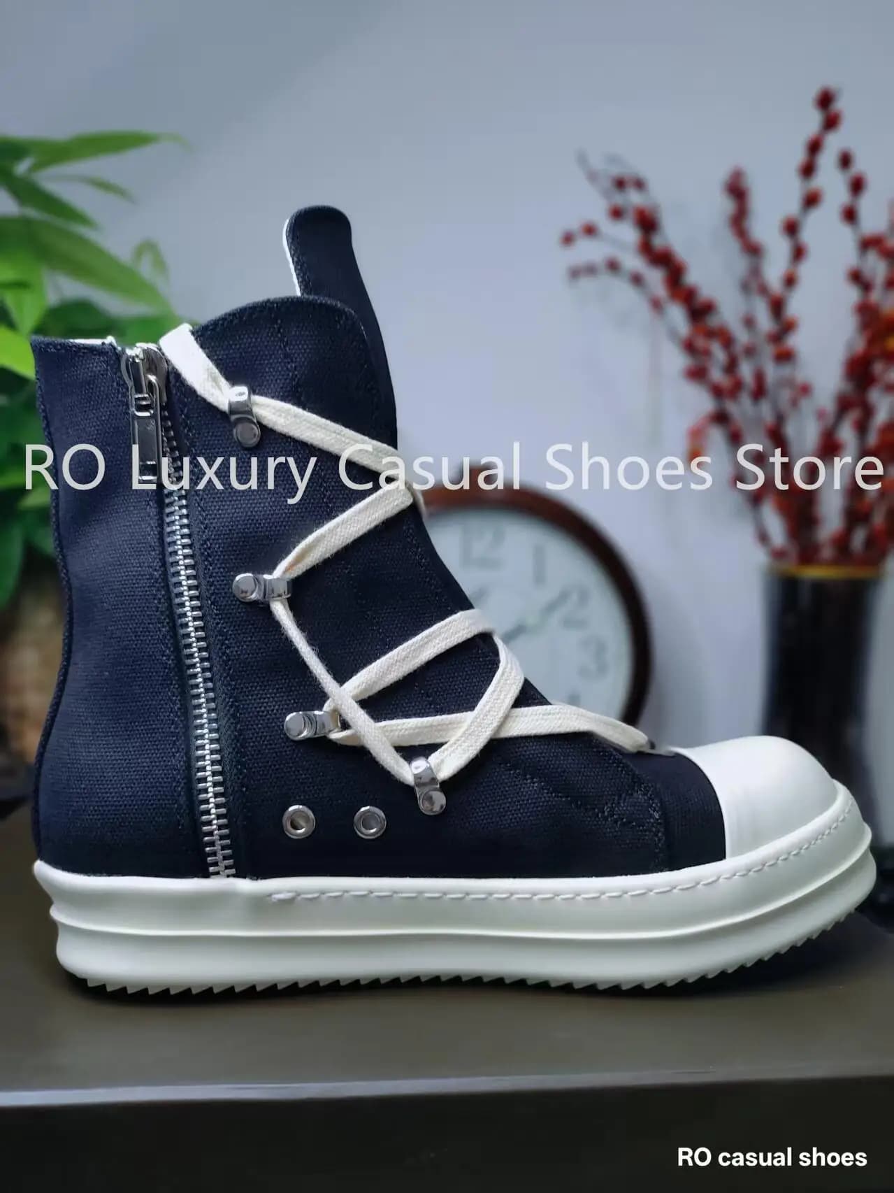 Stivaletti di Lusso RO per Donna, Scarpe in Tela Bianche e Nere, Sneaker Alte da Uomo, Design Classico con Pentagramma, Scarpe Casual Unisex