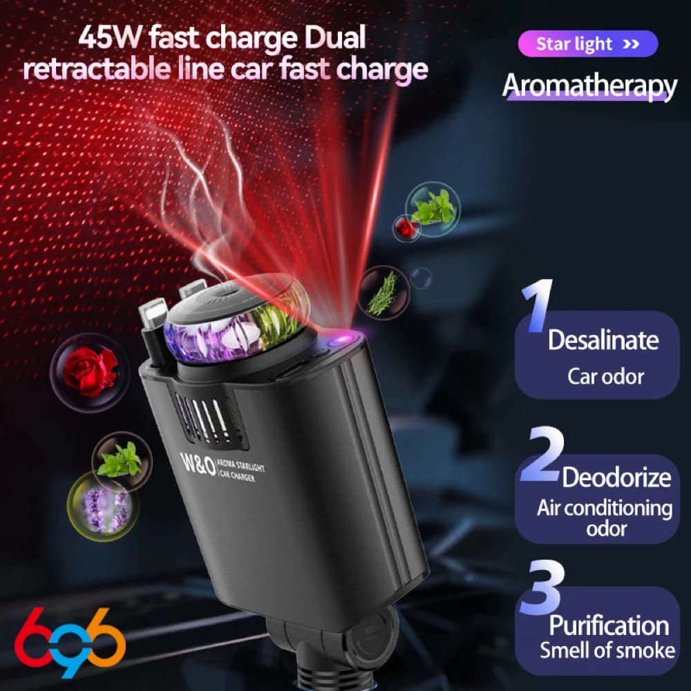 696 New 45 W fast car charger with USB port Starry sky projector Deodorant for environments Double retractable charging cable for multiple models