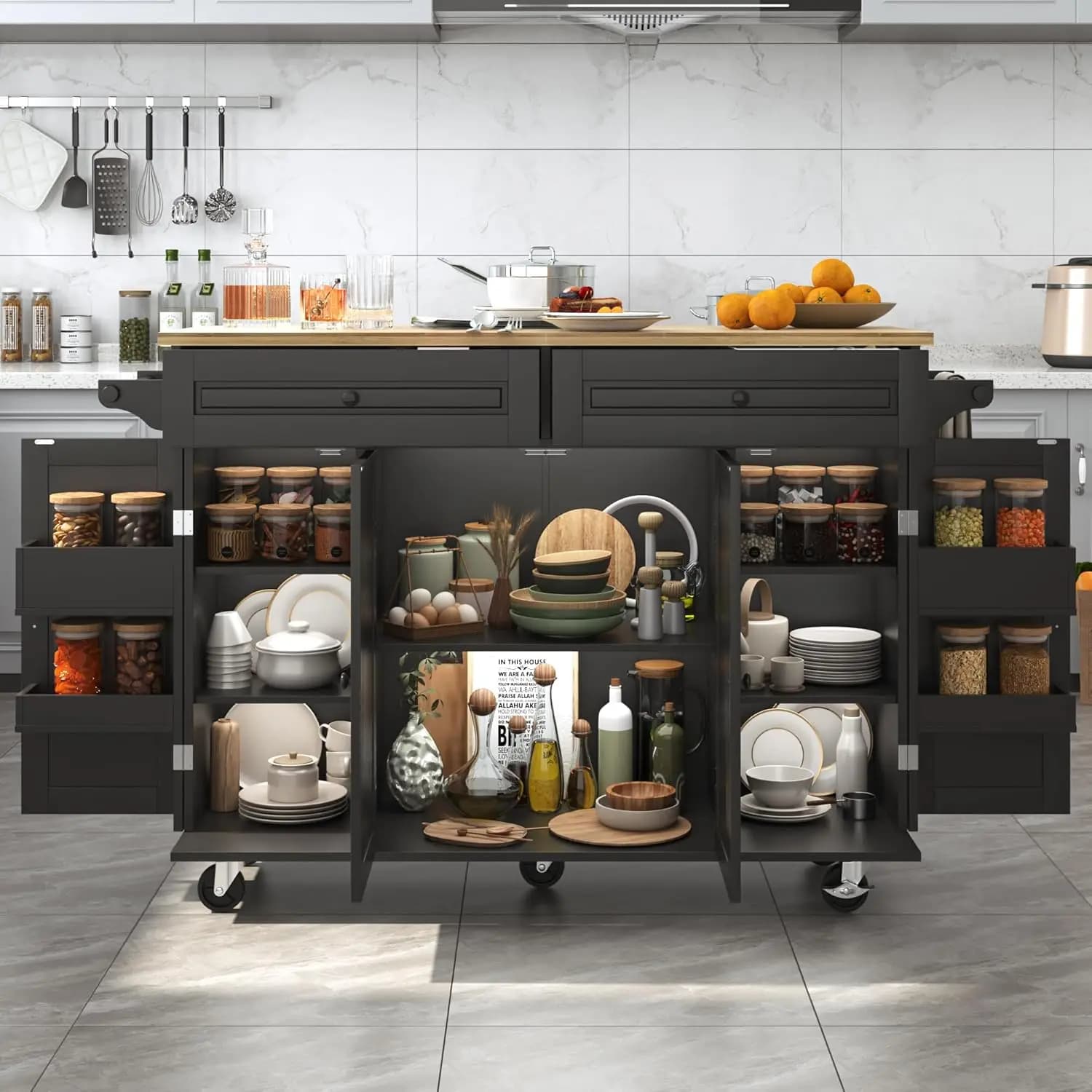 55" Kitchen Cart Wood Top Drop Leaf Breakfast Bar Rolling Island Drawer Storage Cabinet Spice Towel Rack Black, Customized