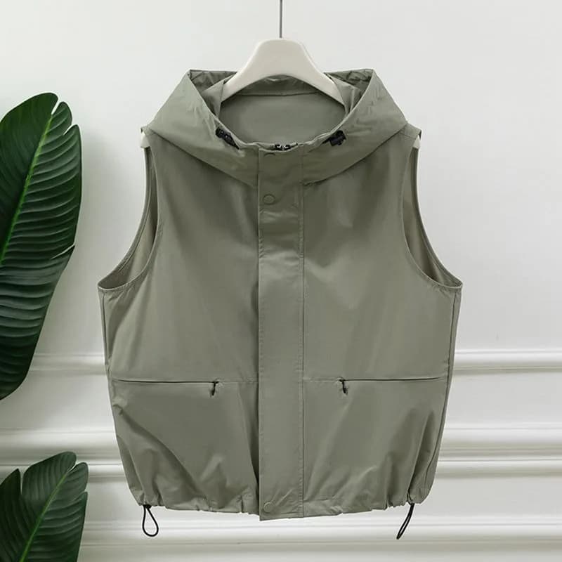 Gilet multiuso senza maniche con cappuccio grigio chiaro da donna con cerniera frontale con coulisse tasca in vita gilet casual a strati per esterni