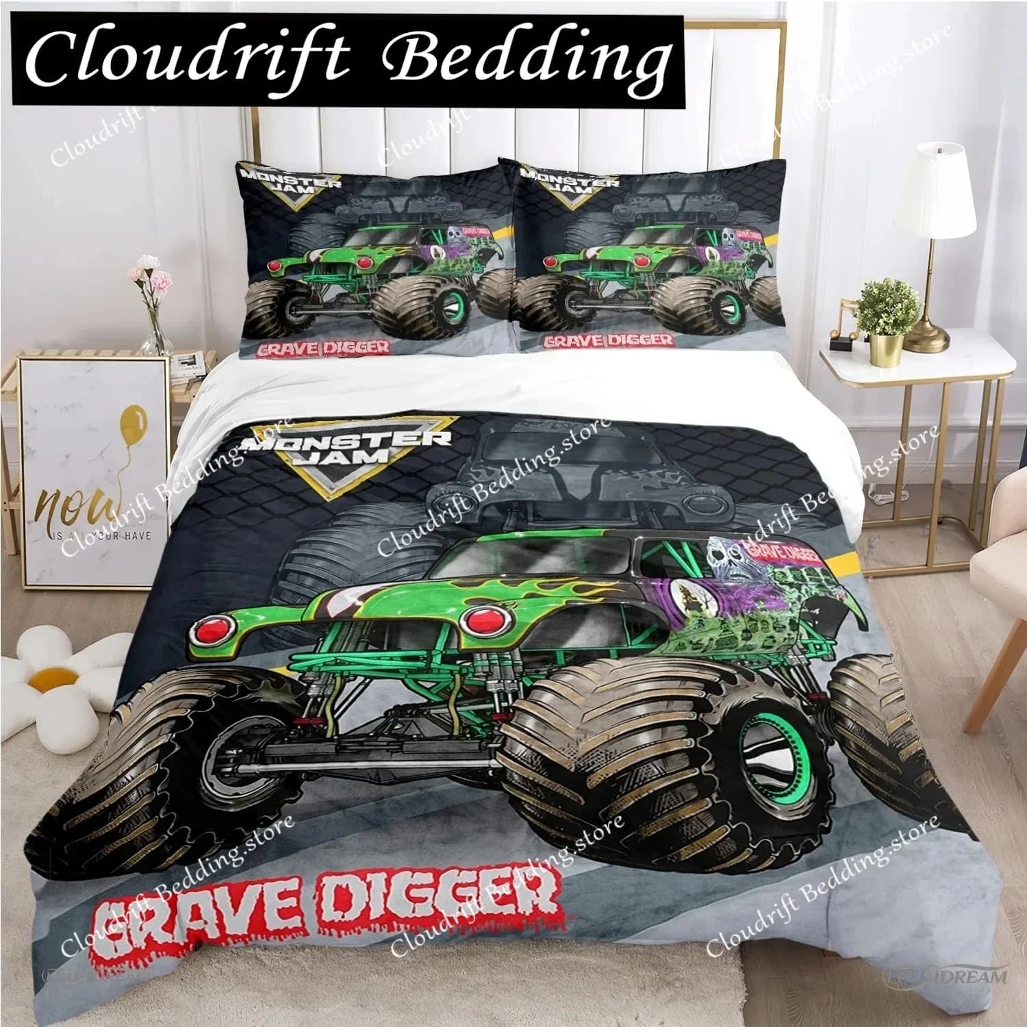 Copripiumino Monster Truck, set di biancheria da letto Catroon Monster Jam, copripiumino morbido e federe per adolescenti, singolo, matrimoniale, queen, king