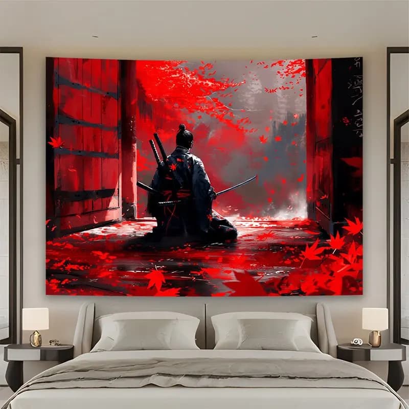Dramatic Samurai Anime Tapestry Wall Art Japanese Warrior Poster Large Manga Room Decor Red Japanese Style Tapestry 150x300cm