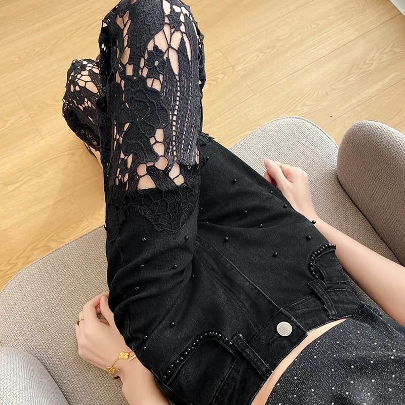 Jeans Neri in Pizzo Trasparente a Vita Alta, Gamba Larga, Sottili e Modellanti, che Nascondono i Fianchi, Pantaloni Estivi a Tre Quarti da Donna